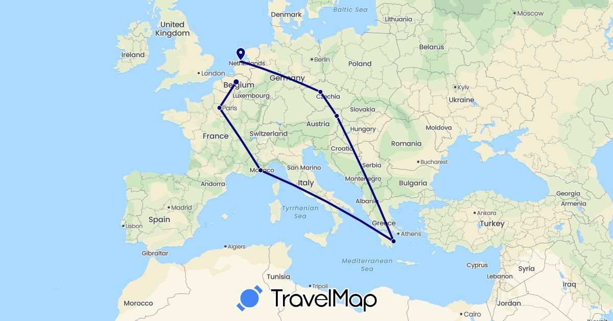 TravelMap itinerary: driving in Austria, Belgium, Czech Republic, France, Greece, Netherlands (Europe)